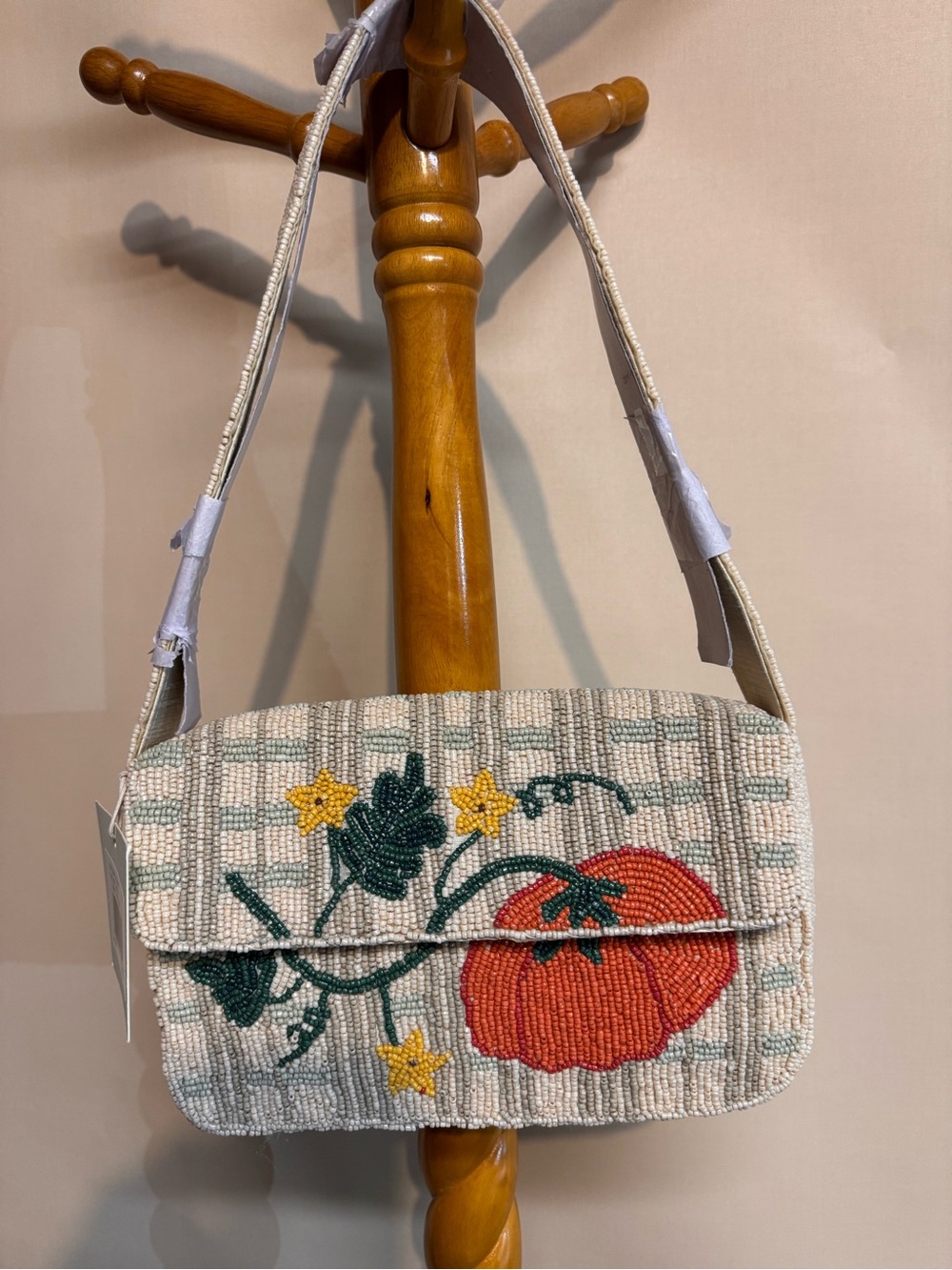Sol and Mer Beaded Floral Pumpkin Fall Shoulder Bag in Cream with Orange Accent